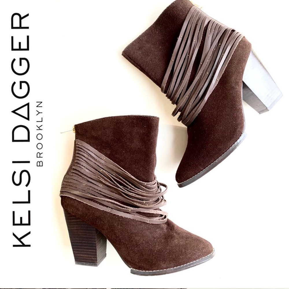 Kelsi Dagger Zena Suede Western Fringed Heeled Bootie